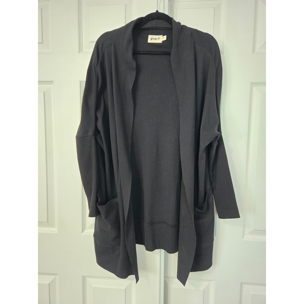 Pact Organic Cotton Open Front Cardigan Black Oversized Wrap Sweater Pockets S